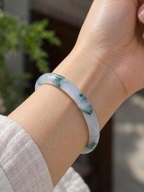 56.5mm Grade A Burmese Jadeite Bangle | Icy White Green Jade Bracelet